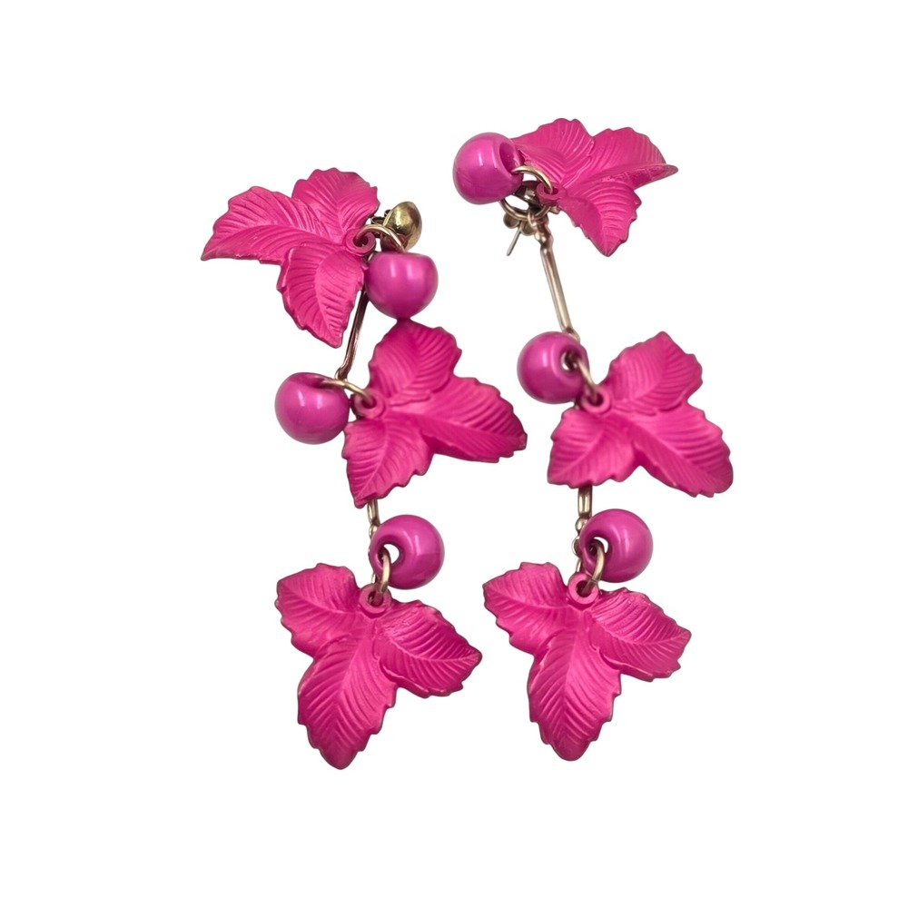 Hot Pink Leaf Drop Earrings Tiered Botanical Statement Dangle Beads Post Back
